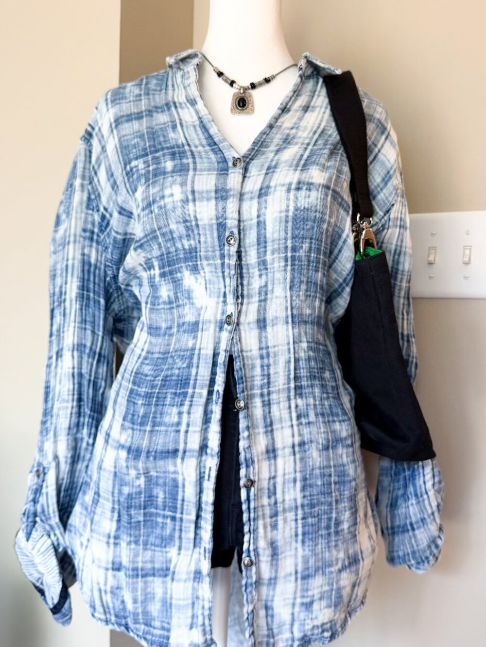 Tribal Jeans Blue & White Plaid Top Acid-Wash - Size XL